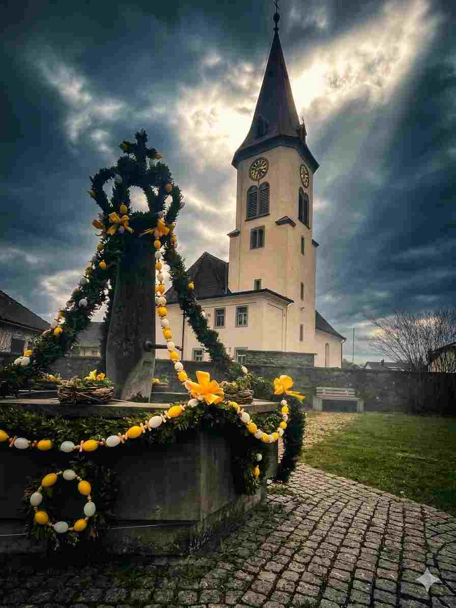 Ostern, Brunnen, Bösenreutin, Kirche, Dorfplatz